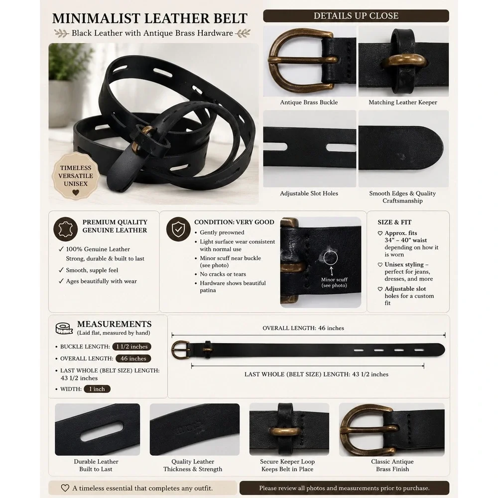 Black Leather‎ Belt 44-46 Inch Antique Brass Buckle Western Statement Unisex